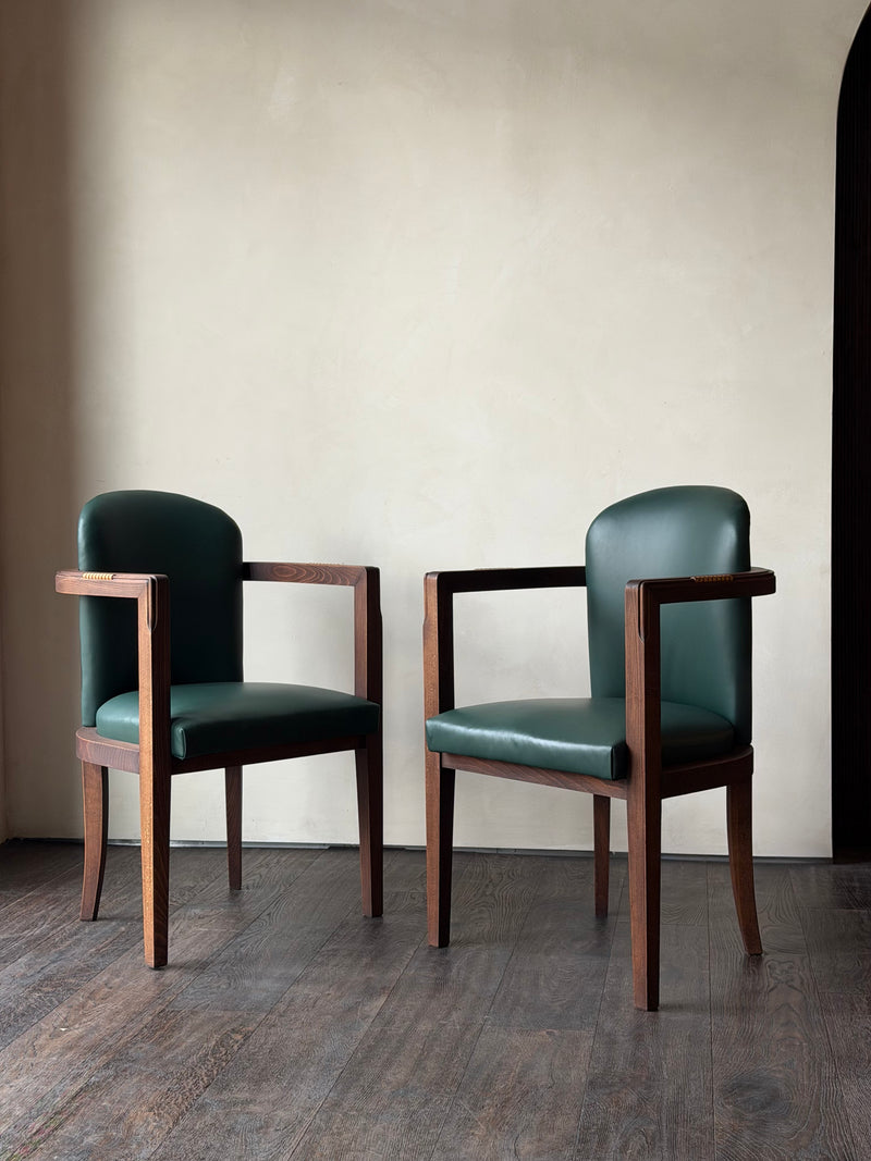 Art Deco Leather and Oak Armchairs, Pair