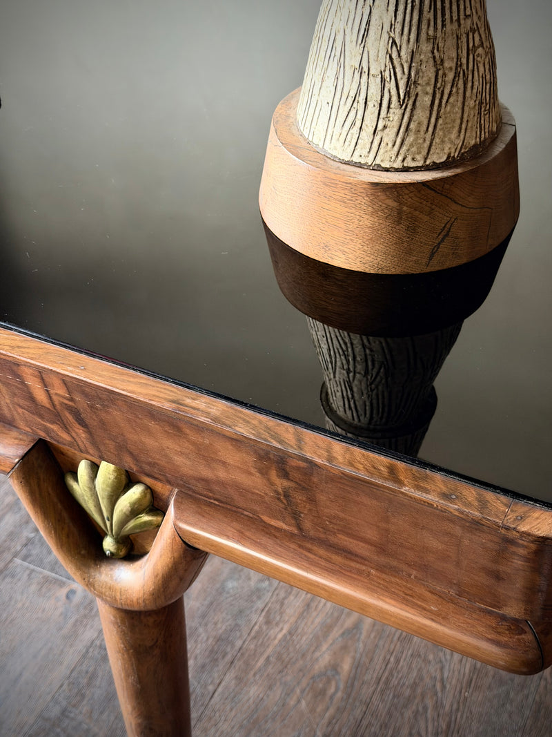 Italian Modernist Walnut and Black Opaline Glass Table