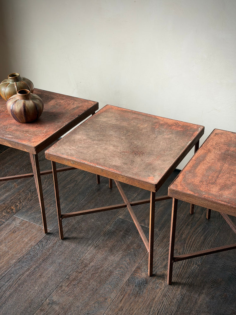 Set of Three Vintage Red Metal Side Tables