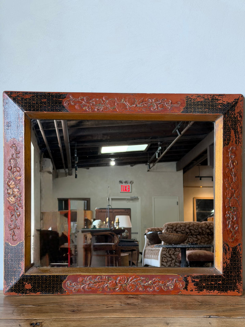 Antique Chinoiserie Red Lacquer and Gilt Mirror