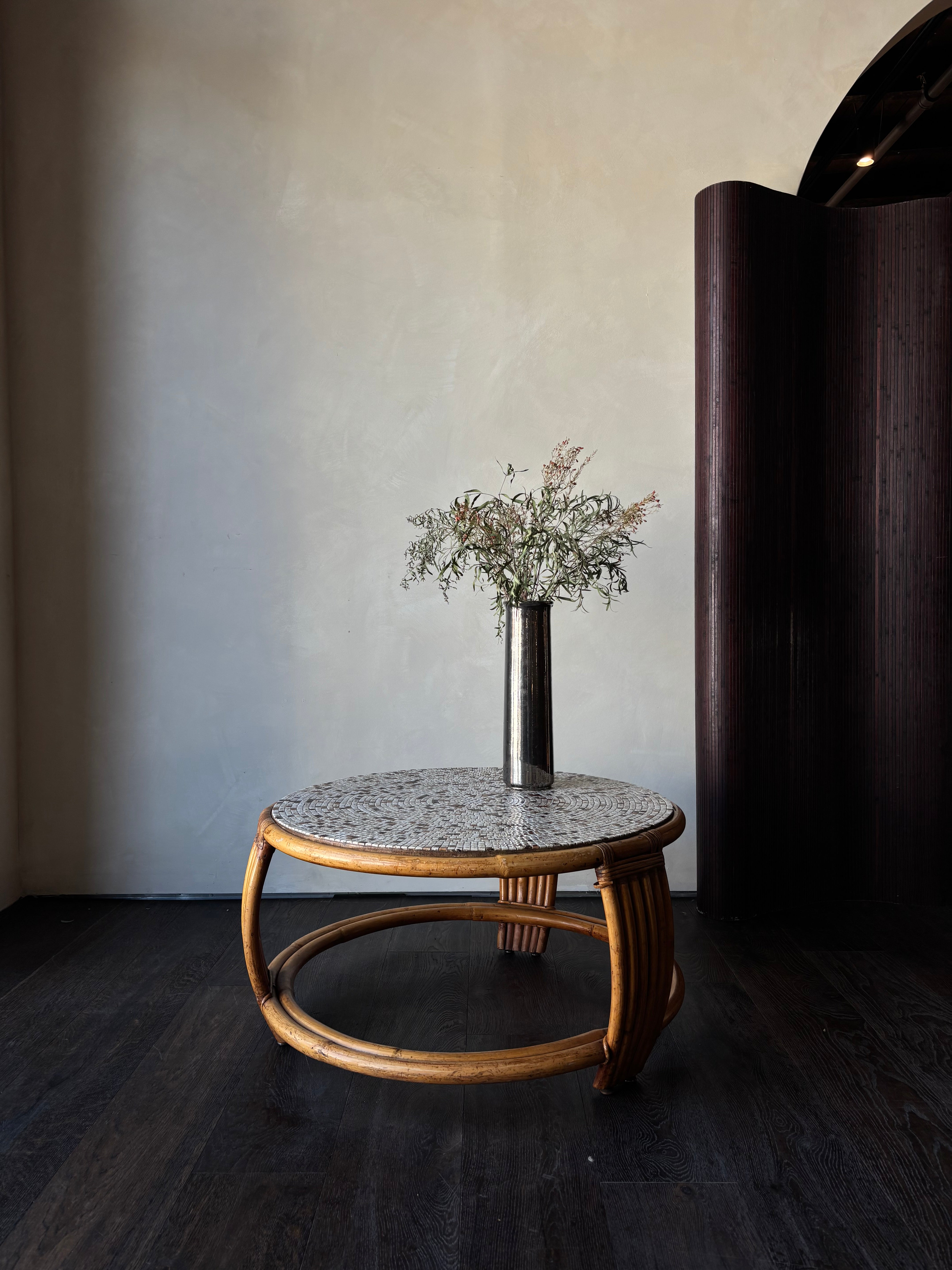 Round Rattan Coffee Table with Mosaic Tile Top