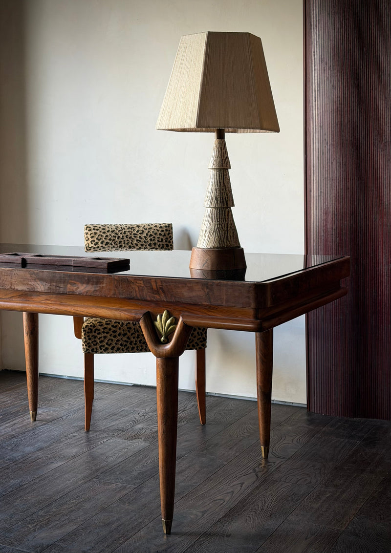 Mid-Century Textured Ceramic and Walnut Table Lamp