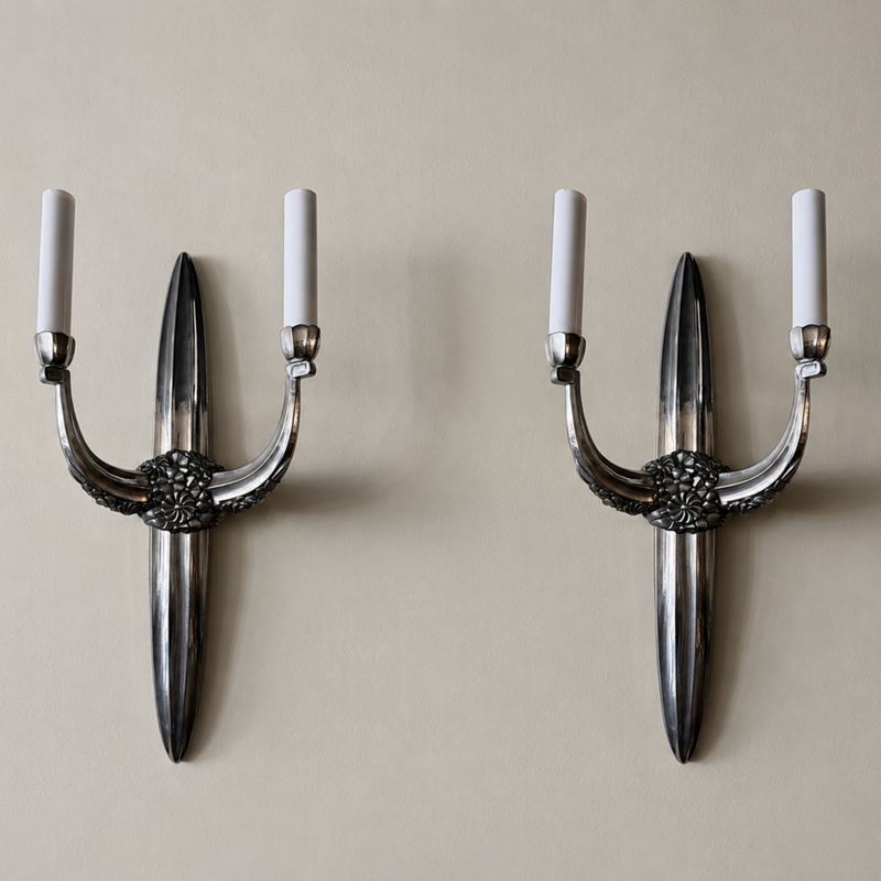 French Art Deco Silver Sconce, Pair