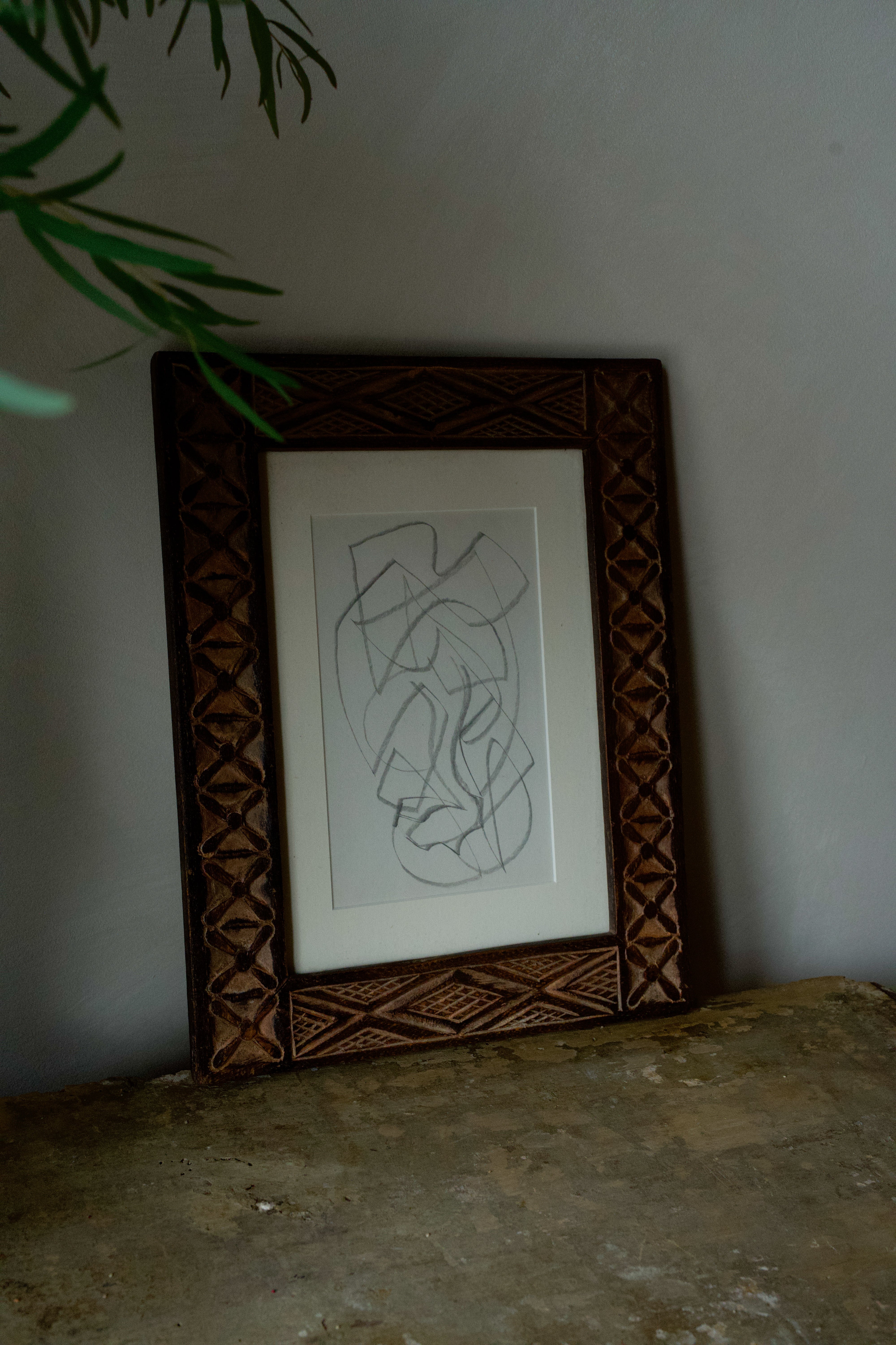 Carved Wood Frame with Abstract Drawing