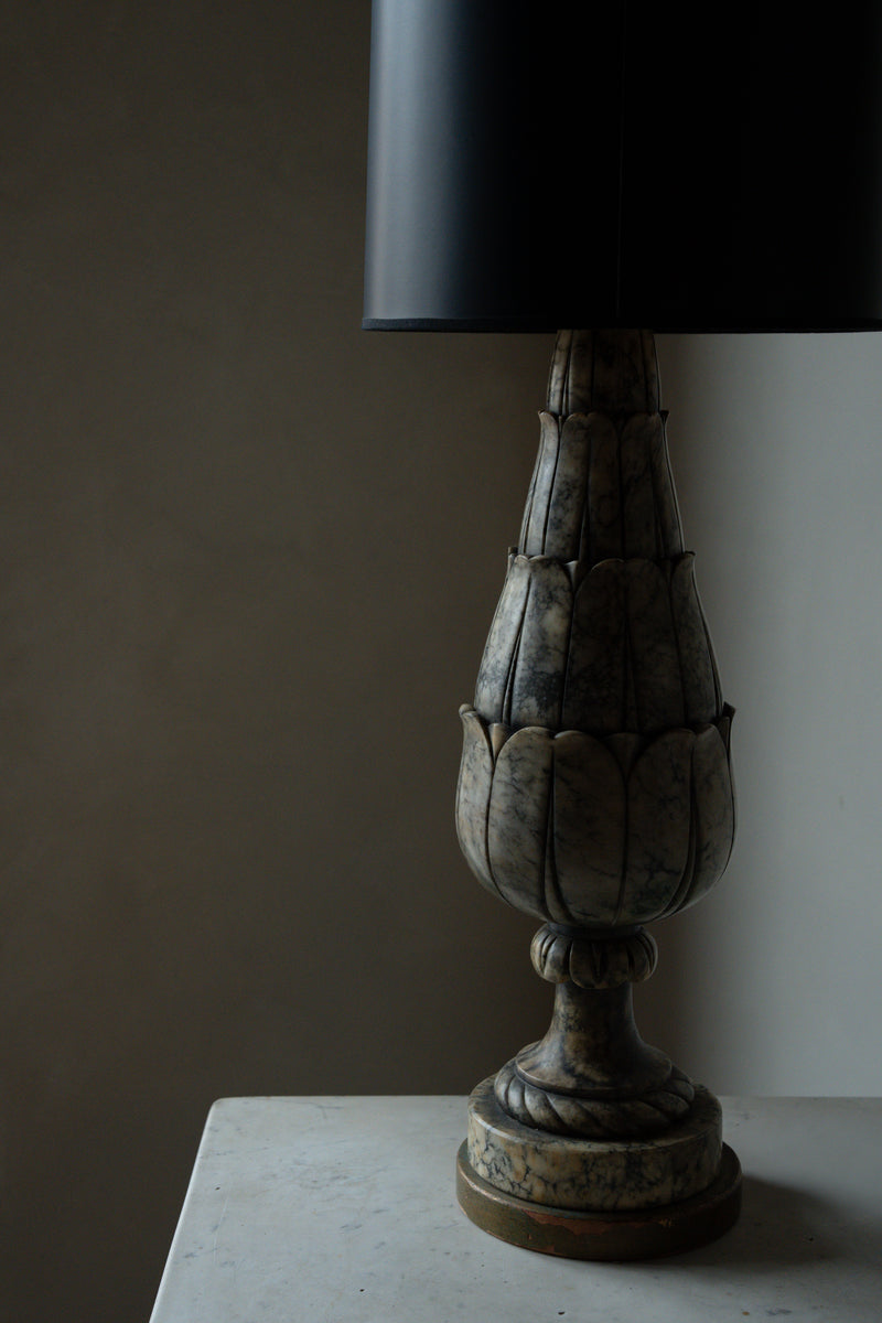 Carved Marble Table Lamp with Black Shade c1920