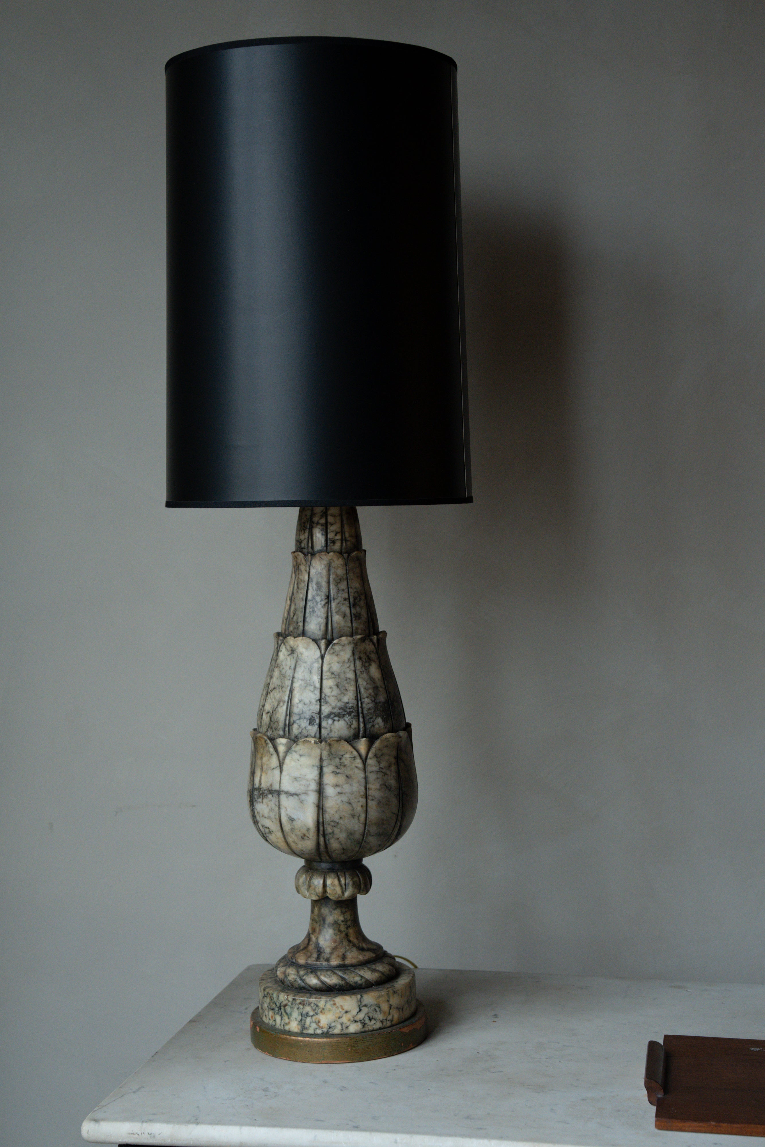 Carved Marble Table Lamp with Black Shade c1920