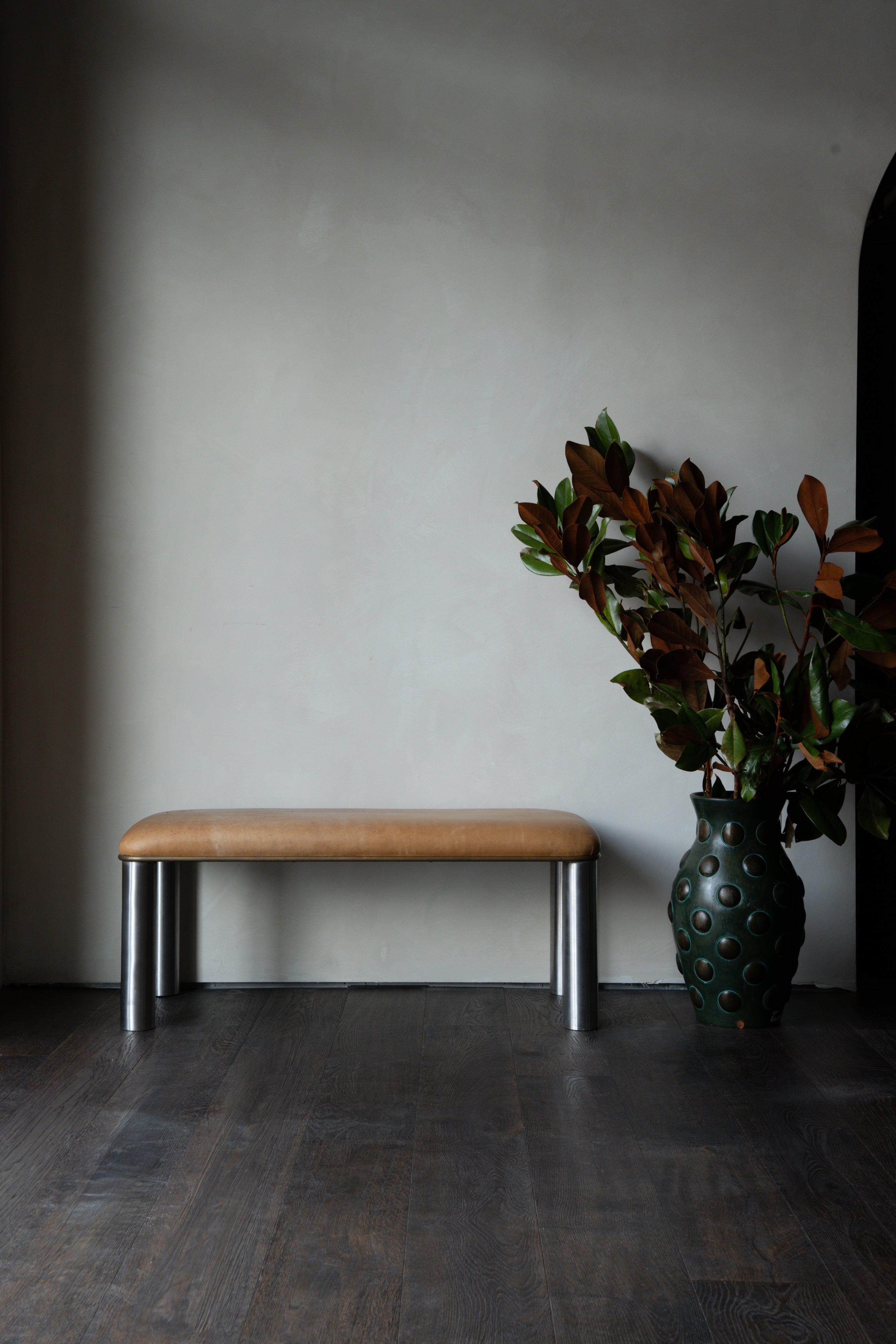 Leather & Chrome Bench in the style of Karl Springer