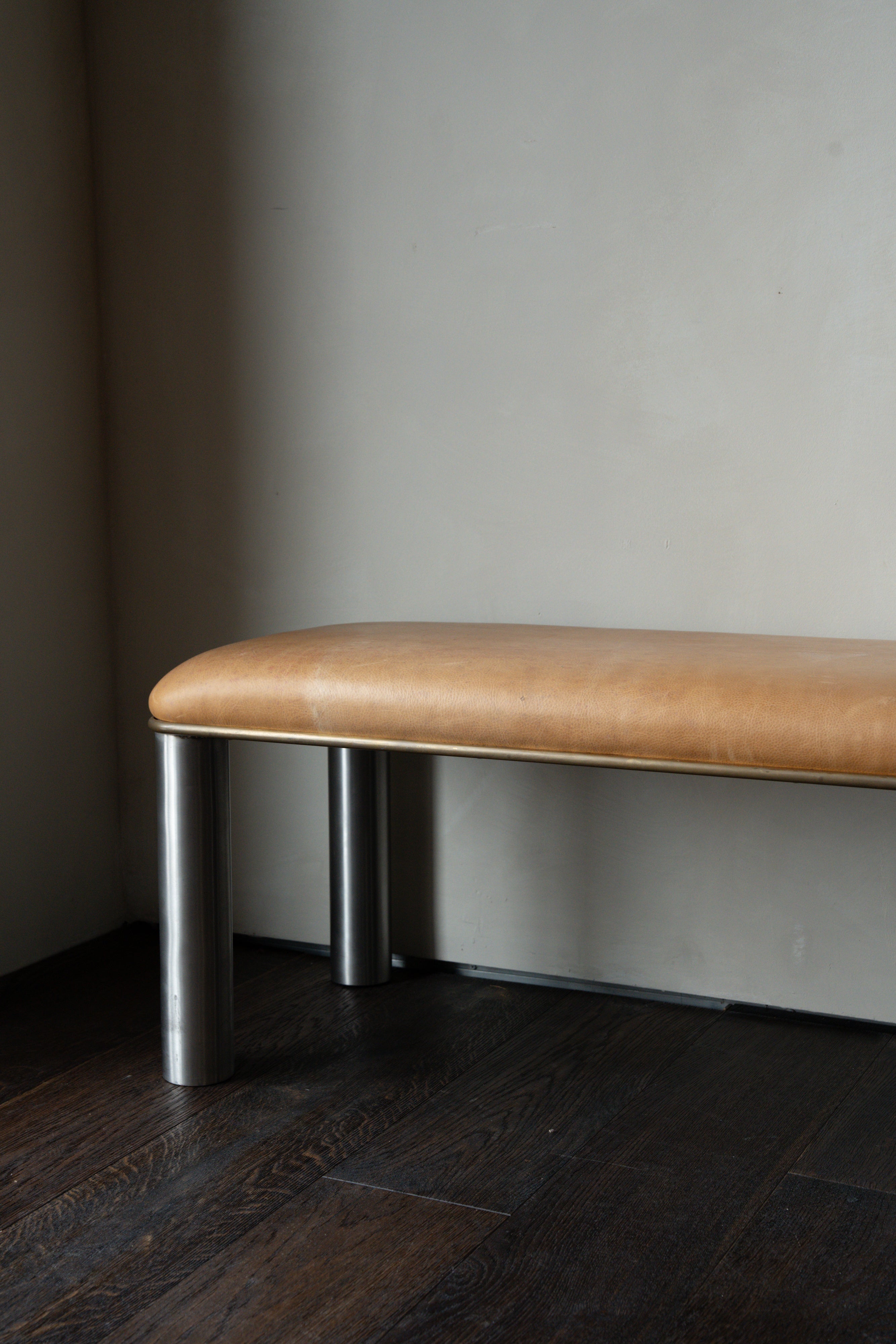 Leather & Chrome Bench in the style of Karl Springer