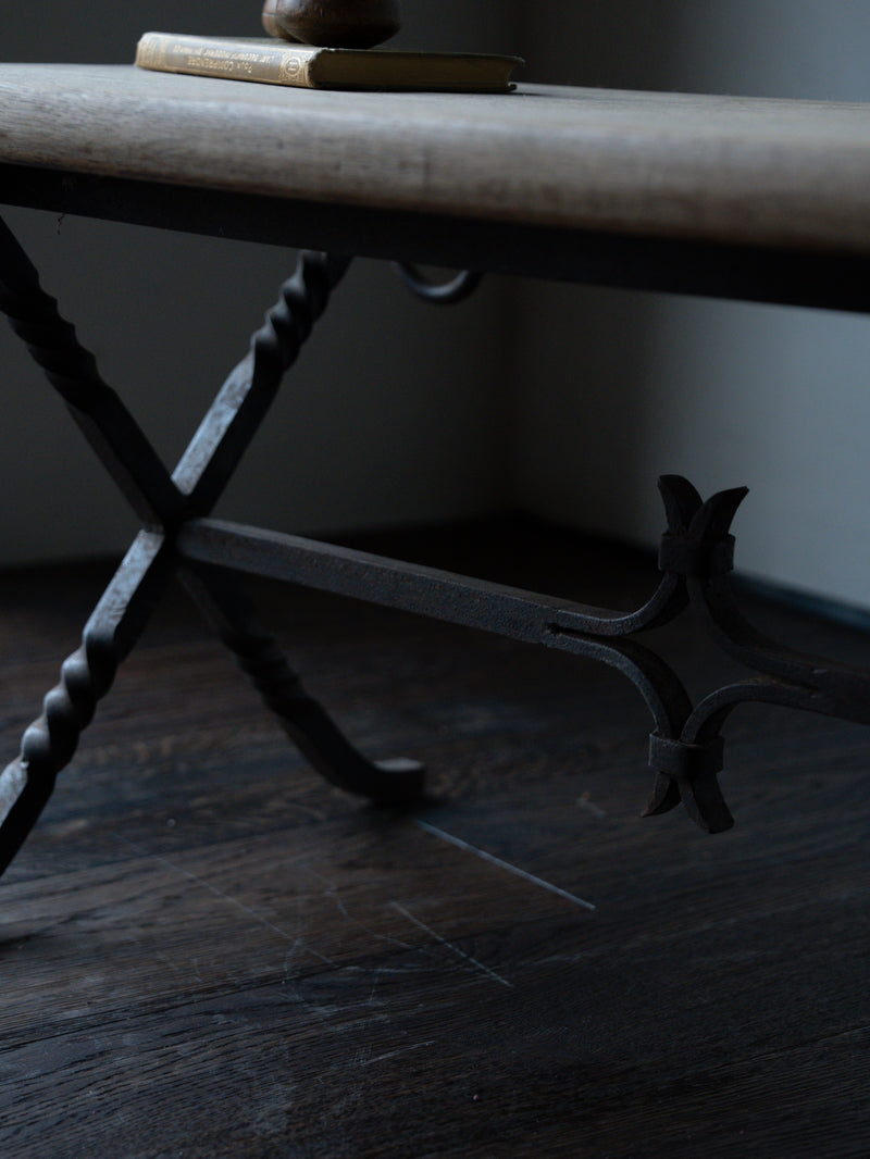 Tudor Revival Oak and Iron Table, c. 1940