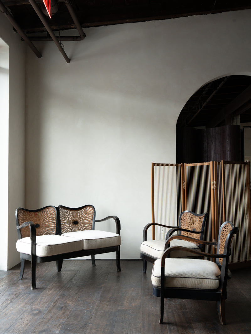 Rare Early 20thc Hand-Caned Chair and Sofa Set