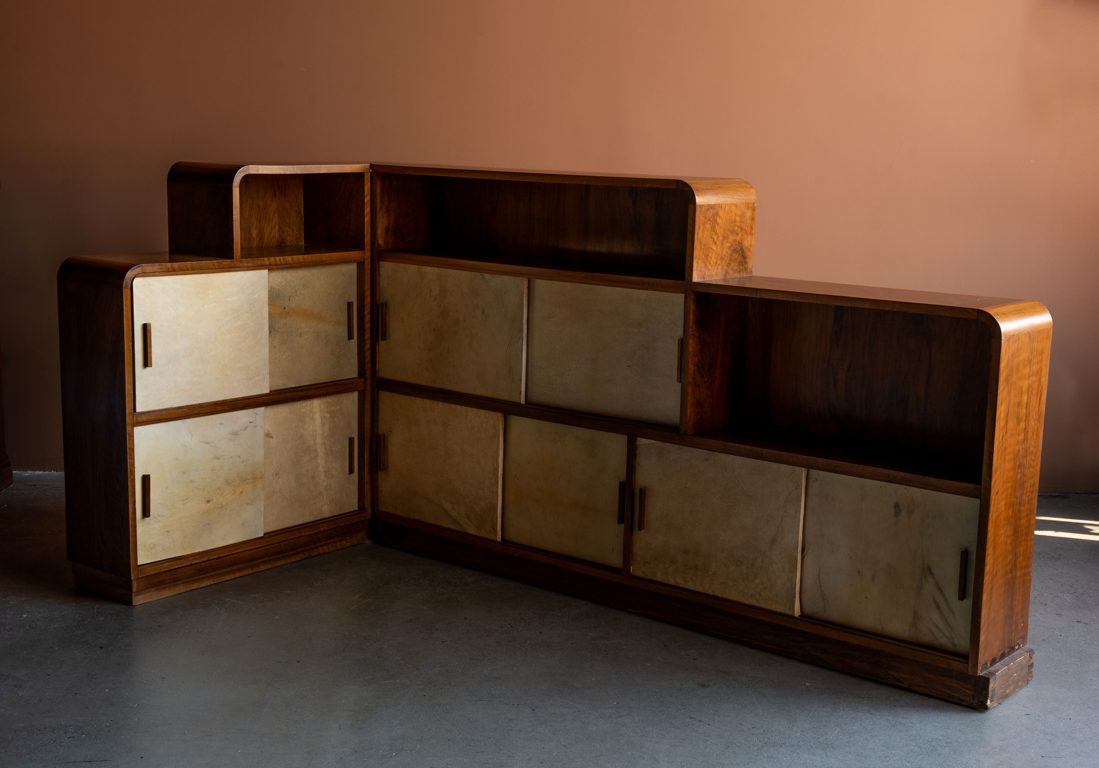 Art Deco Parchment and Walnut Corner Sideboard