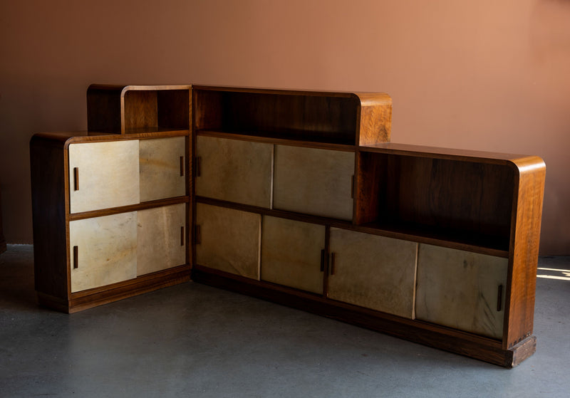 Art Deco Parchment and Walnut Corner Sideboard