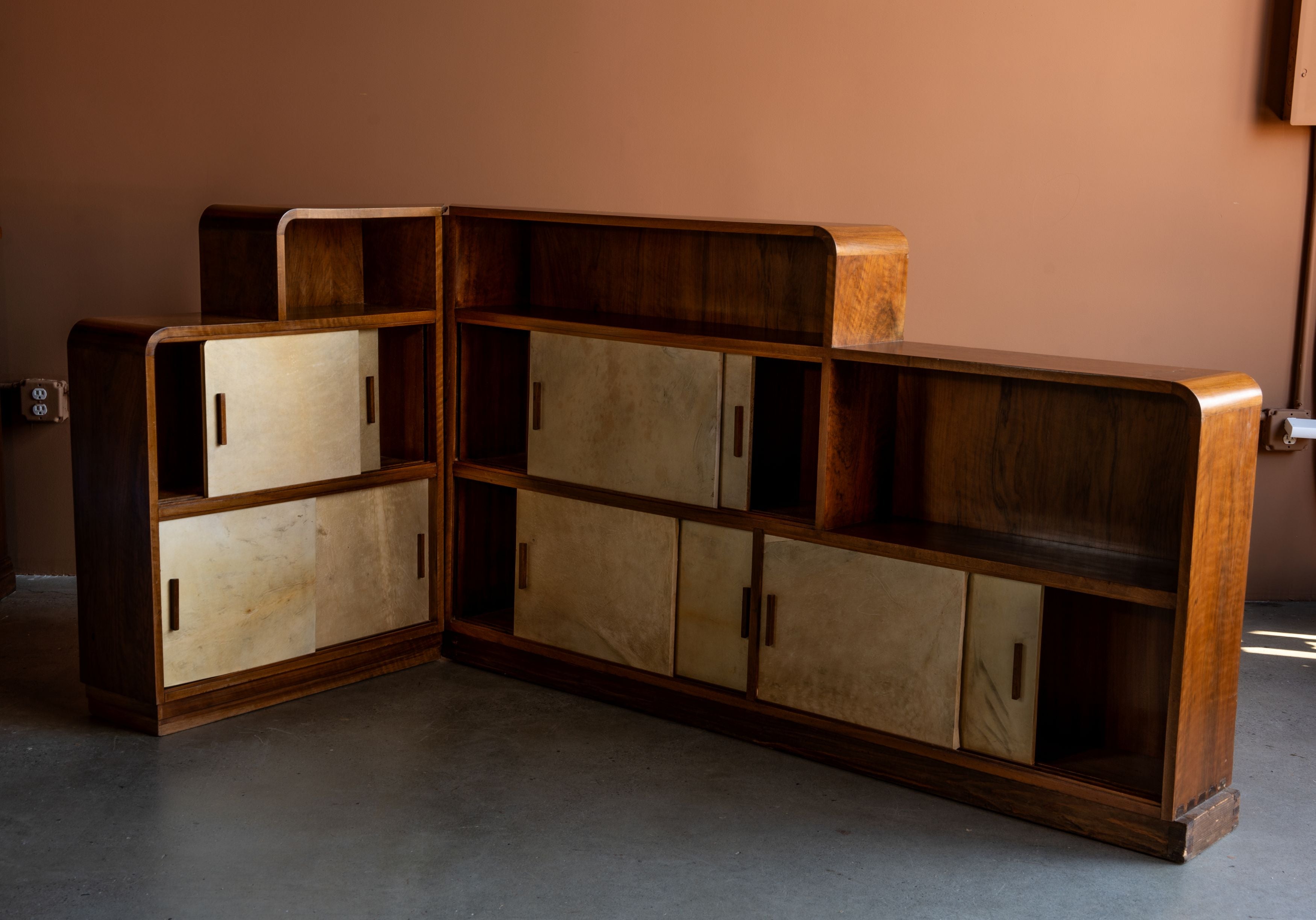 Art Deco Parchment and Walnut Corner Sideboard