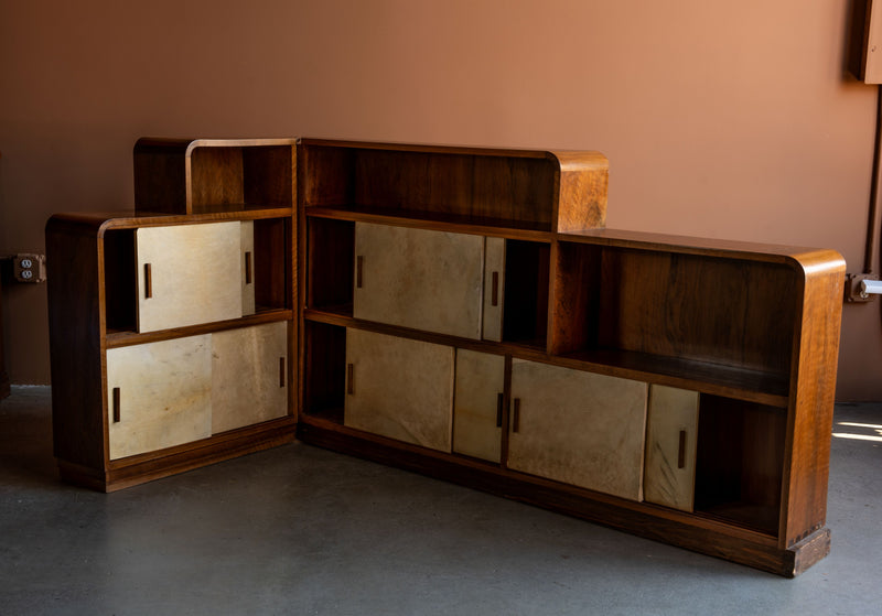 Art Deco Parchment and Walnut Corner Sideboard