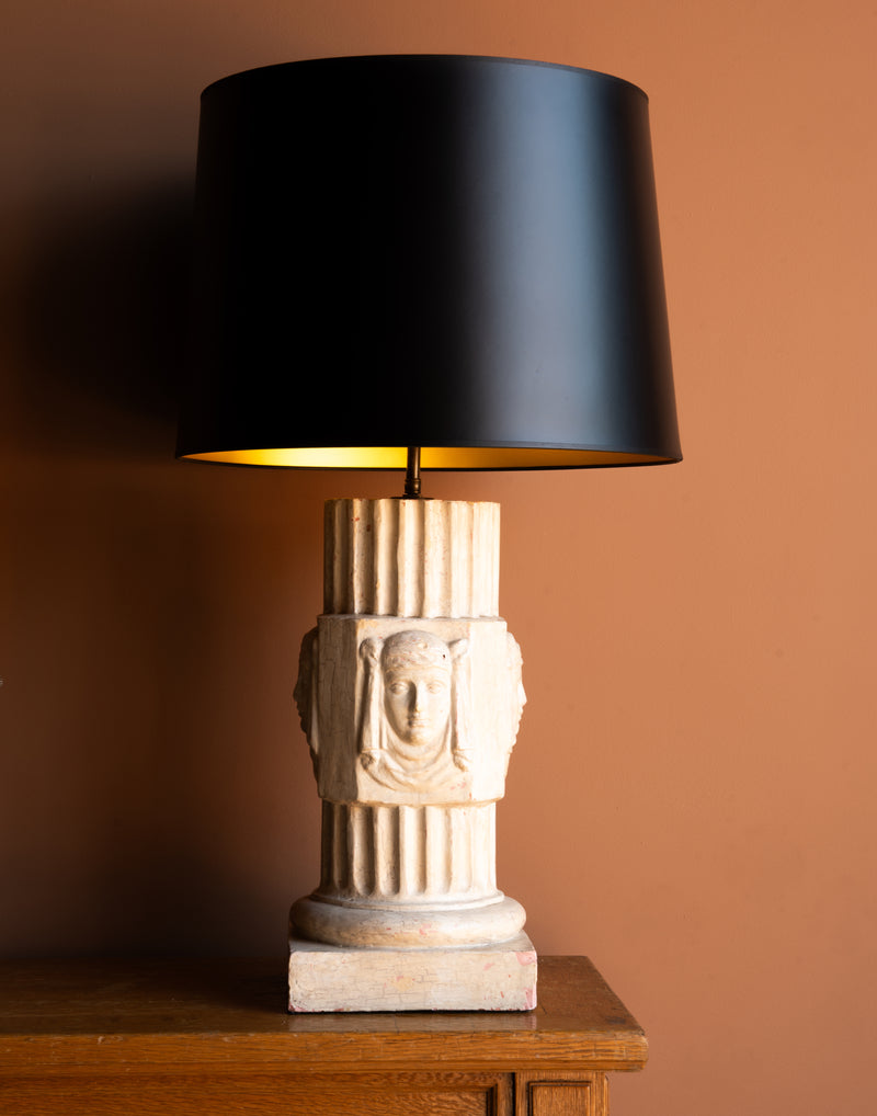 Cream Plaster Column Lamps with Relief, Pair