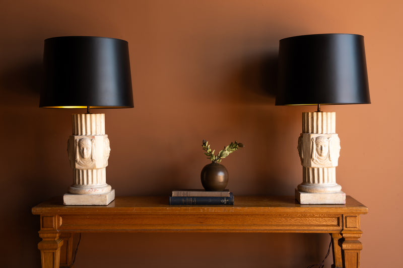 Cream Plaster Column Lamps with Relief, Pair