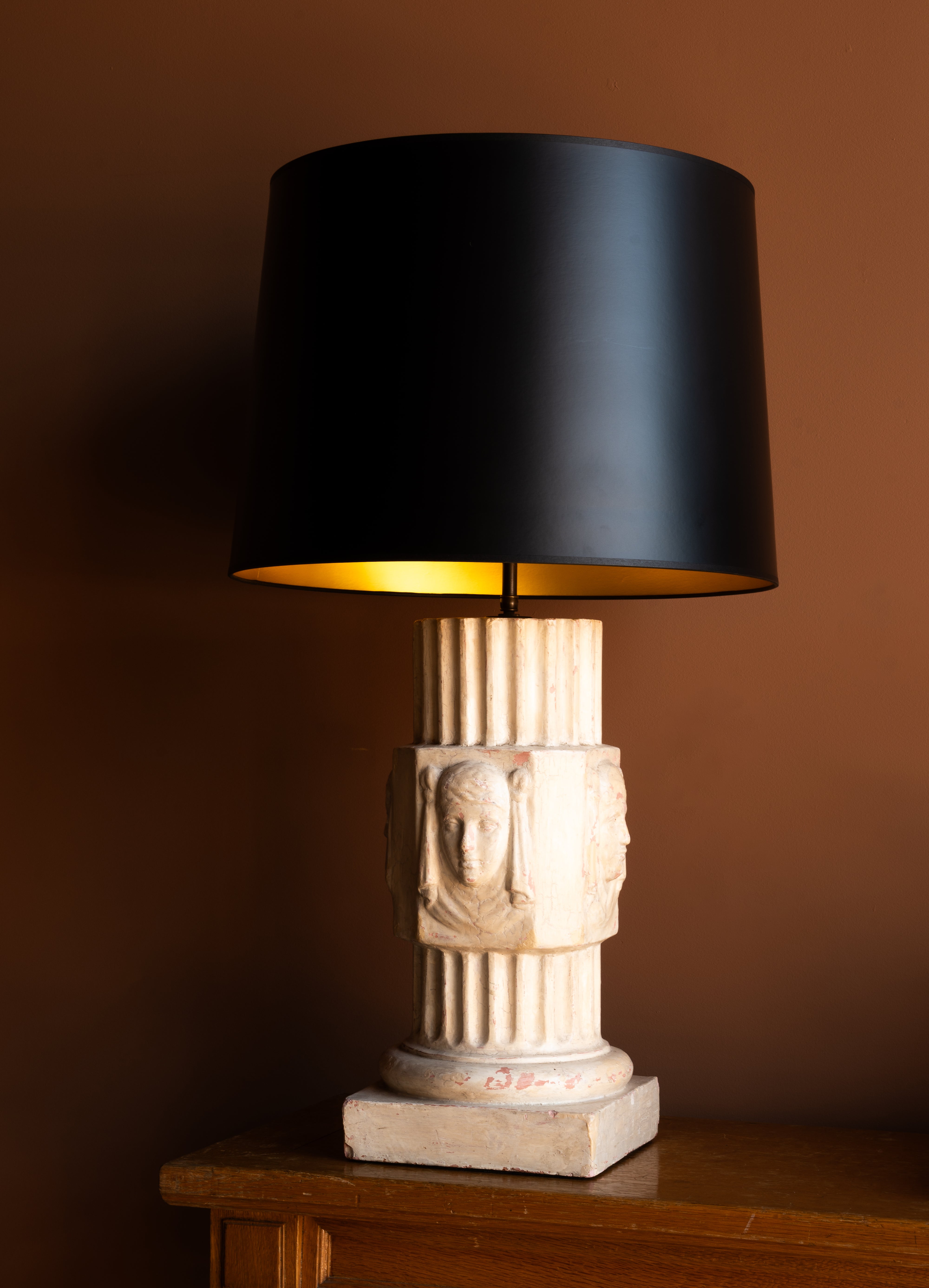 Cream Plaster Column Lamps with Relief, Pair