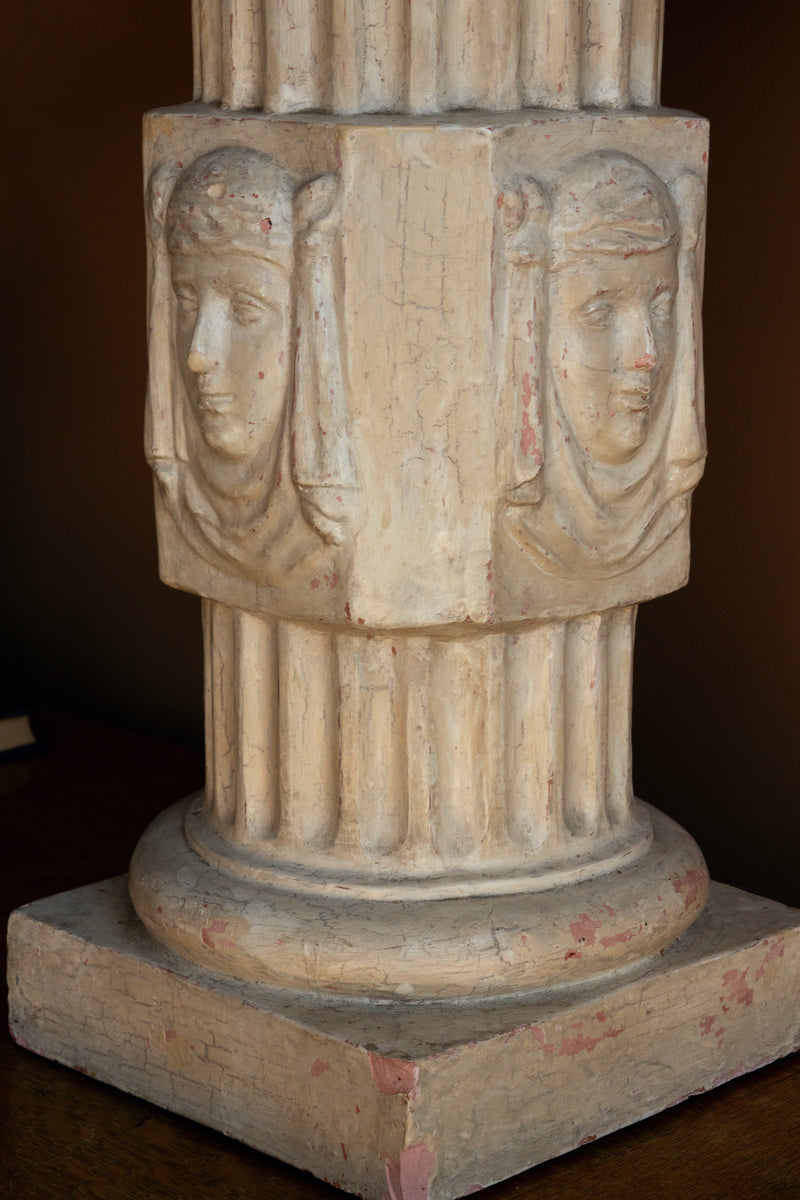 Cream Plaster Column Lamps with Relief, Pair