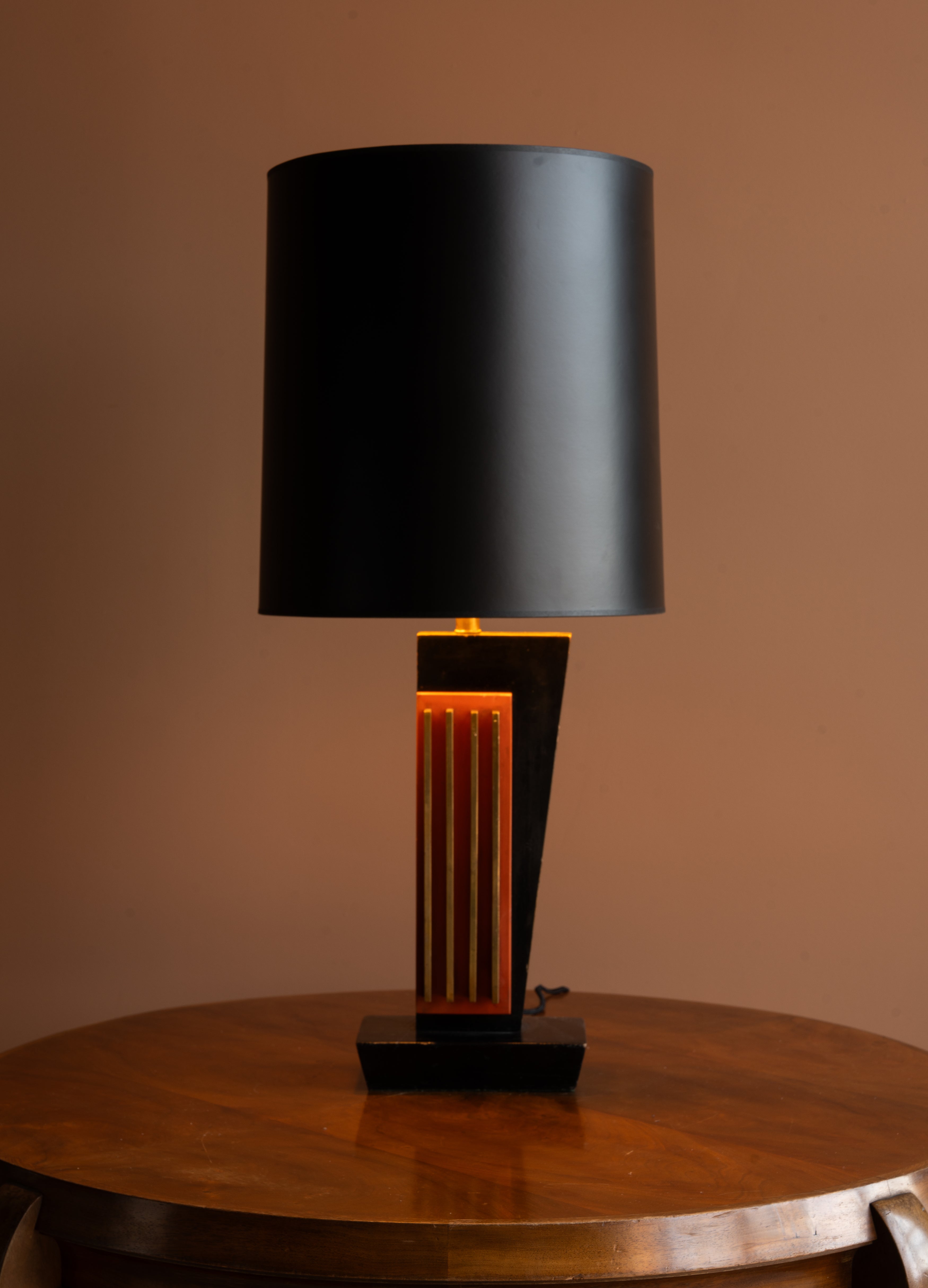 Black Lacquer Art Deco Lamp with Brass Inlay