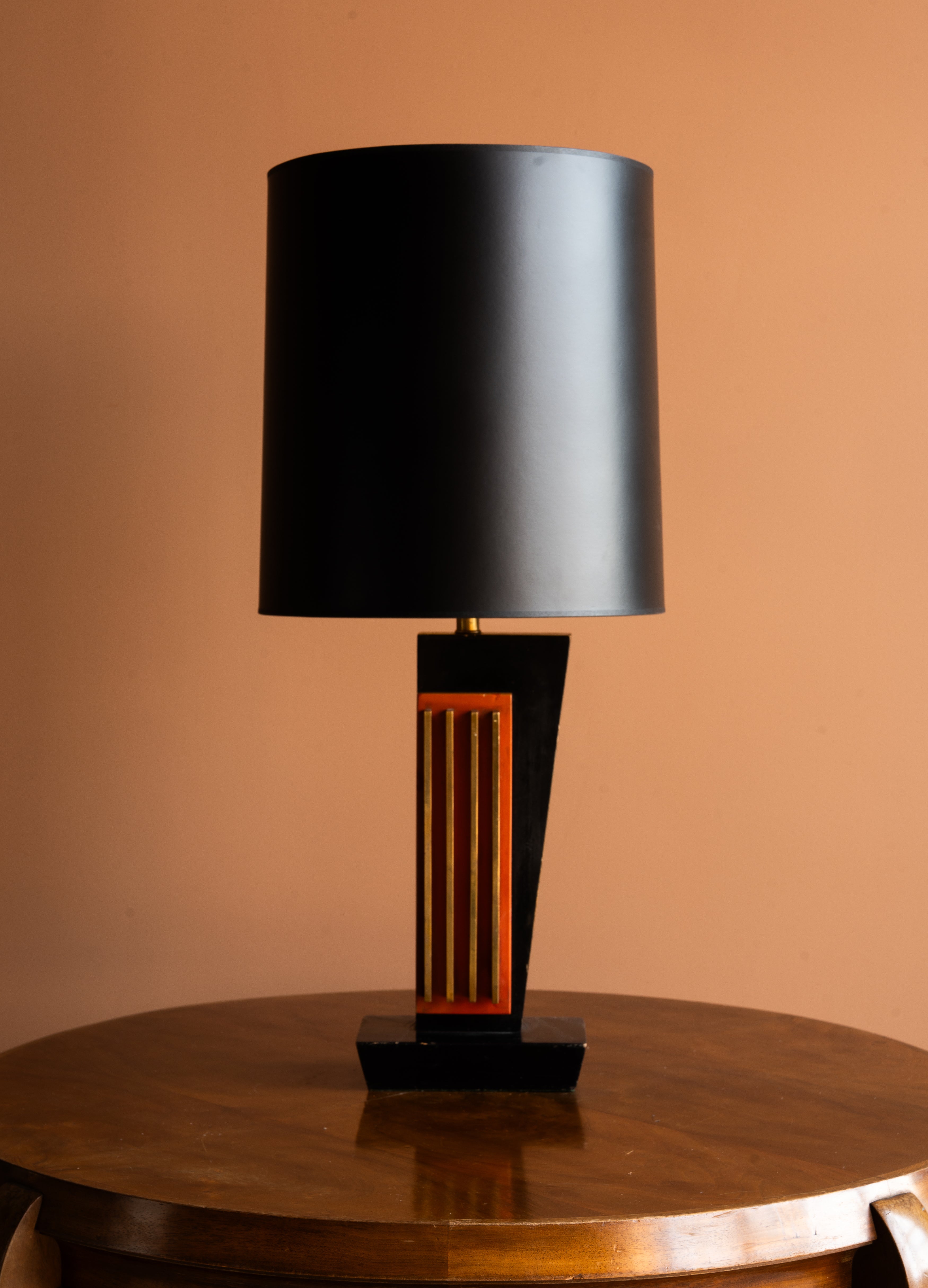 Black Lacquer Art Deco Lamp with Brass Inlay