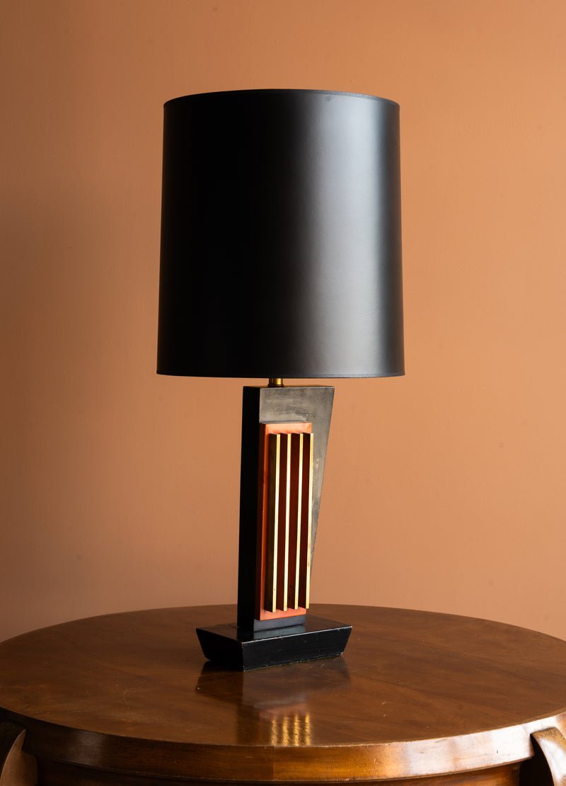 Black Lacquer Art Deco Lamp with Brass Inlay