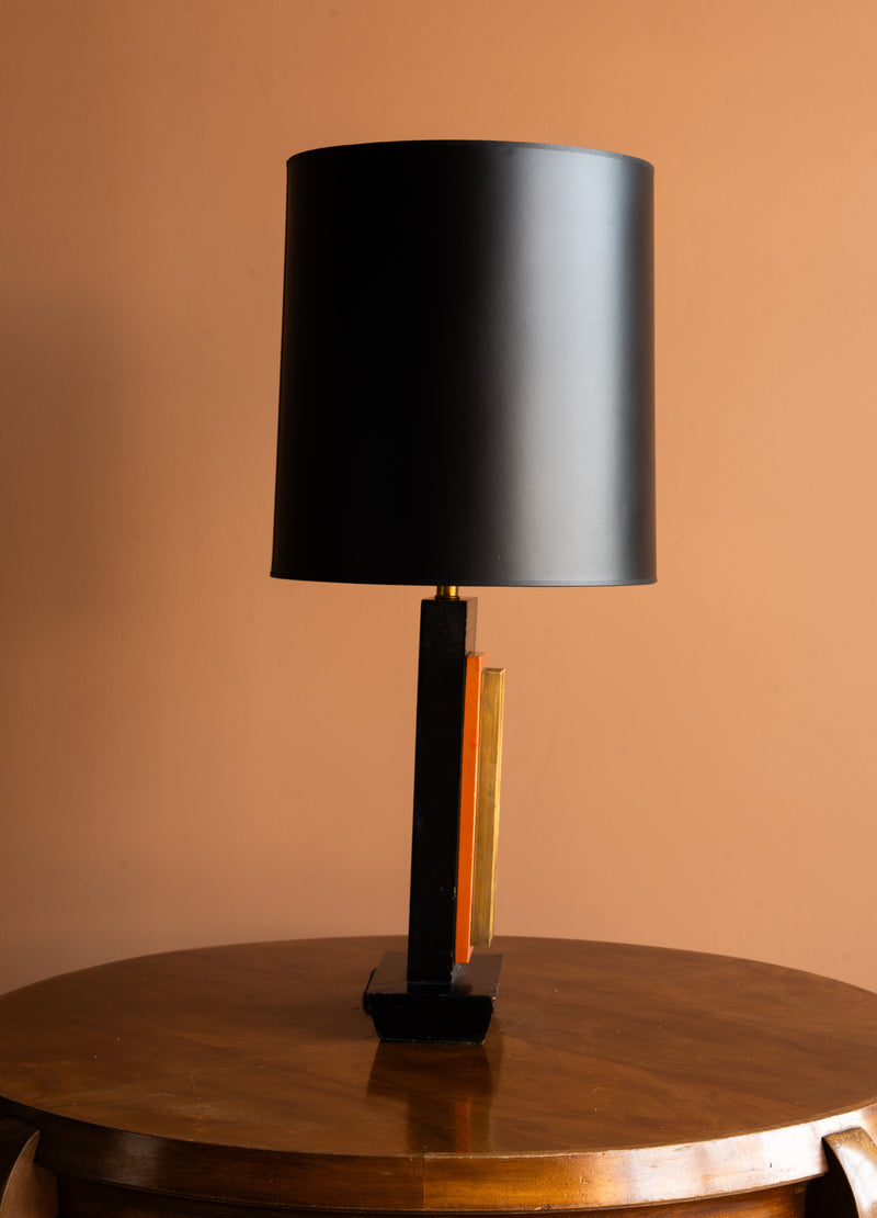 Black Lacquer Art Deco Lamp with Brass Inlay