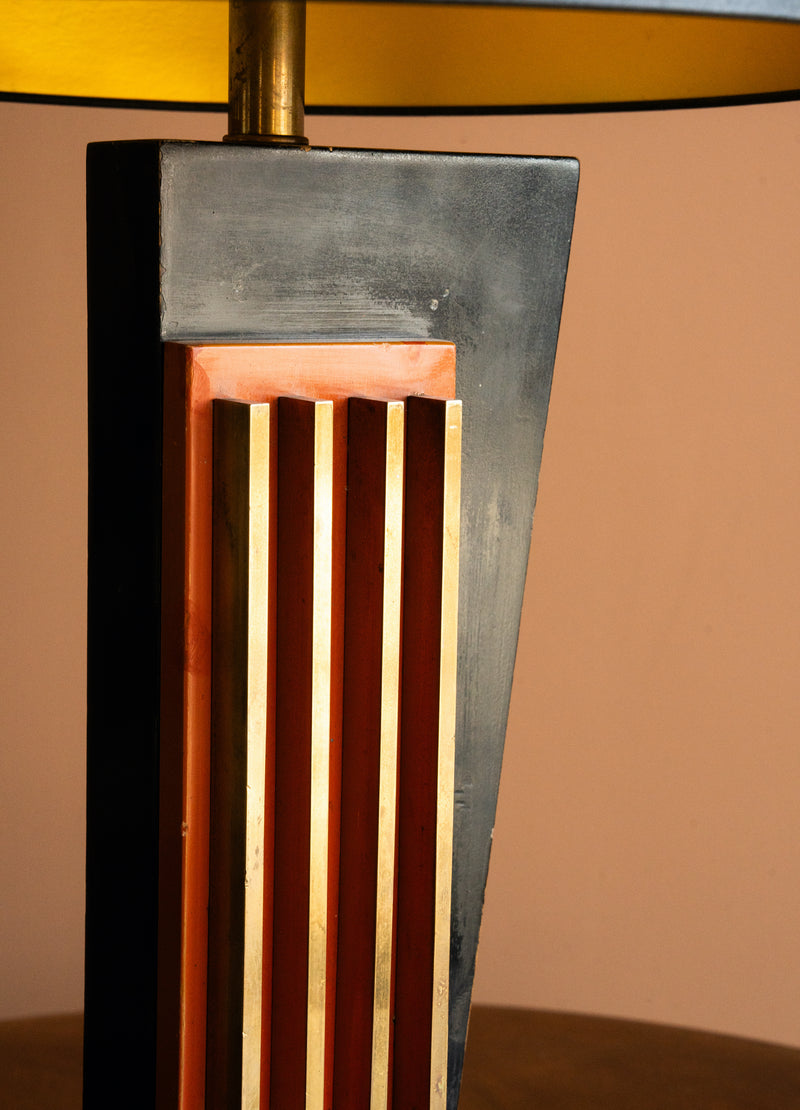 Black Lacquer Art Deco Lamp with Brass Inlay