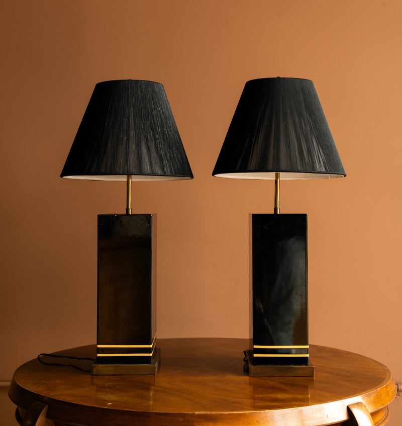 Vintage Black and Gold Lamps, Pair