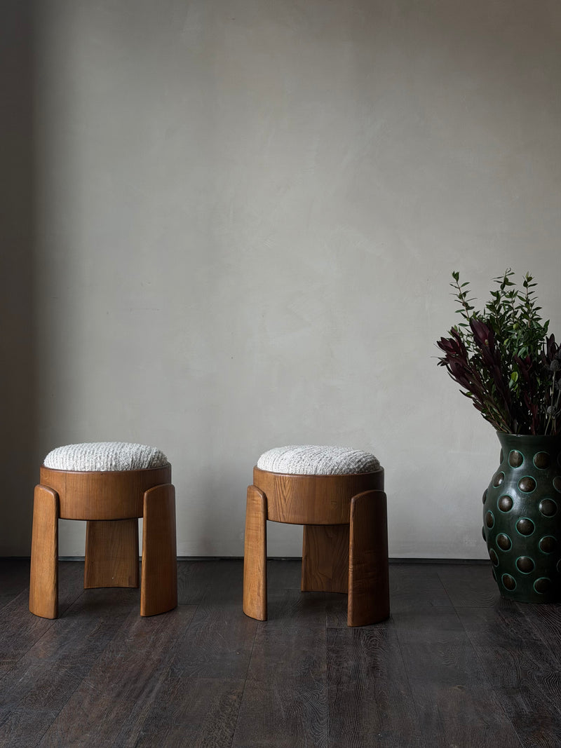 Cream Upholstered Poufs, Pair