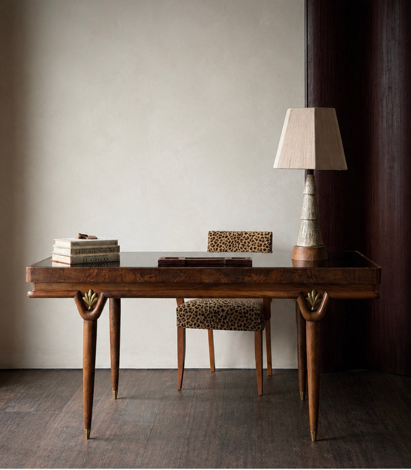 Italian Modernist Walnut and Black Opaline Glass Table