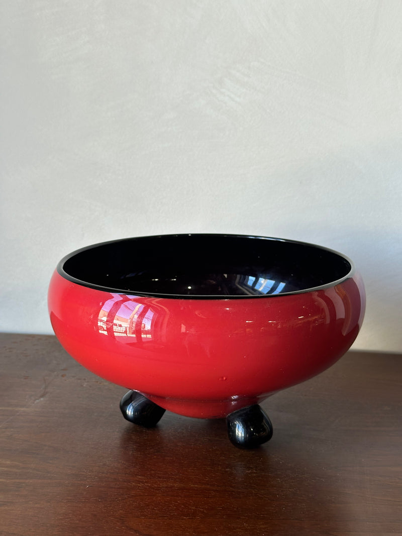 Art Deco Footed Red and Black Art Glass Bowl