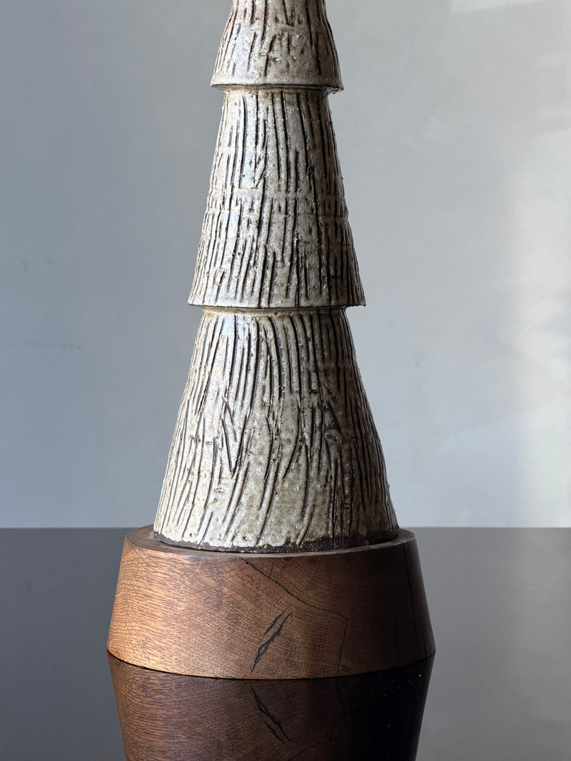 Mid-Century Textured Ceramic and Walnut Table Lamp