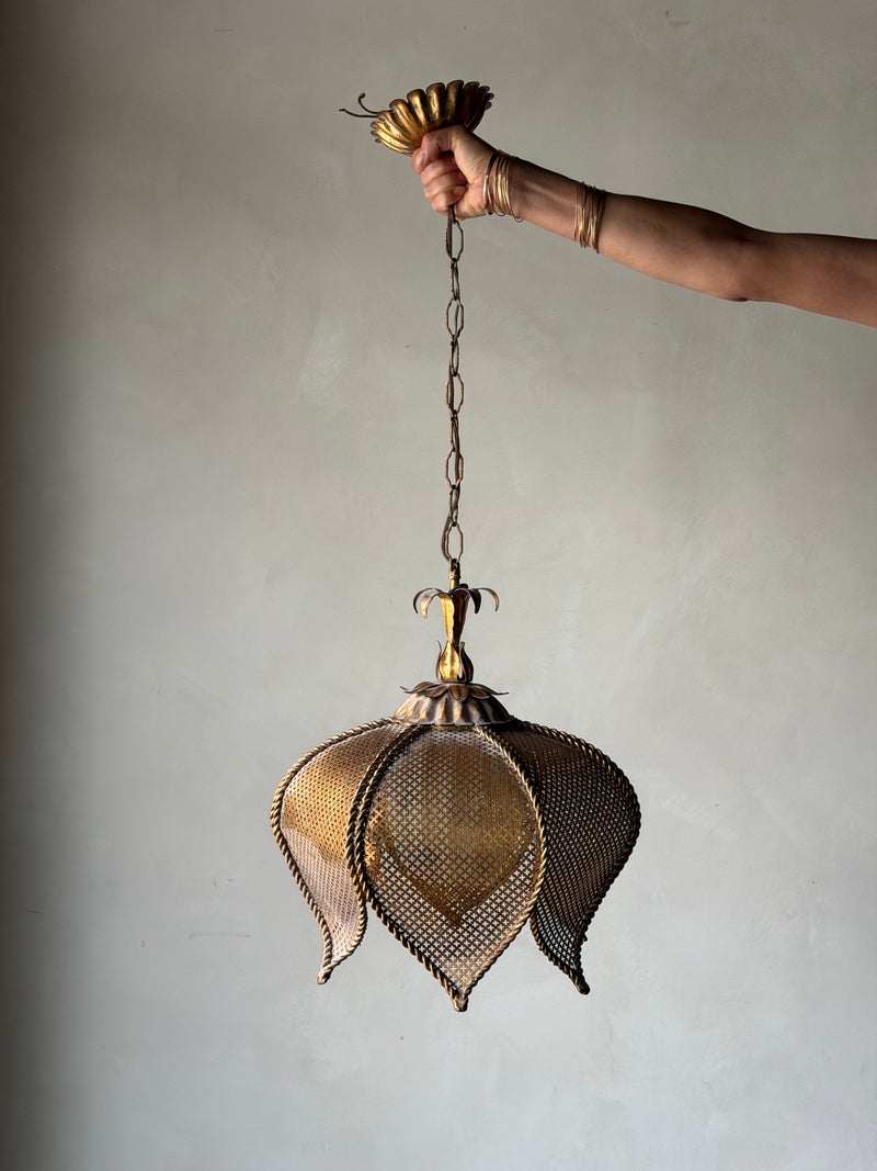 Vintage Gilt Brass Pierced Floral Pendant Lamp