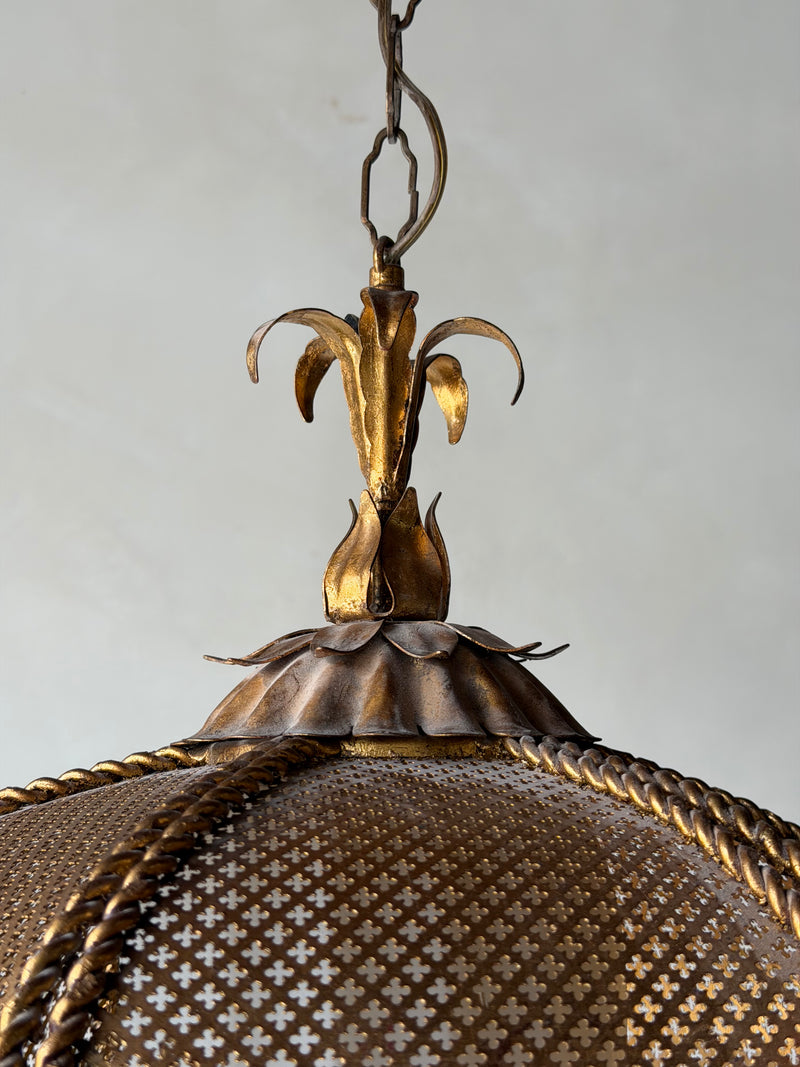 Vintage Gilt Brass Pierced Floral Pendant Lamp
