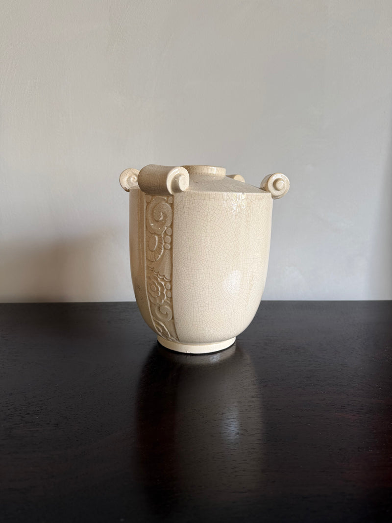 French Art Deco Cream Crackle Glaze Ceramic Vase, 1930s