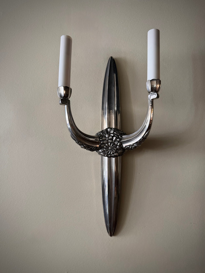 French Art Deco Silver Sconce, Pair