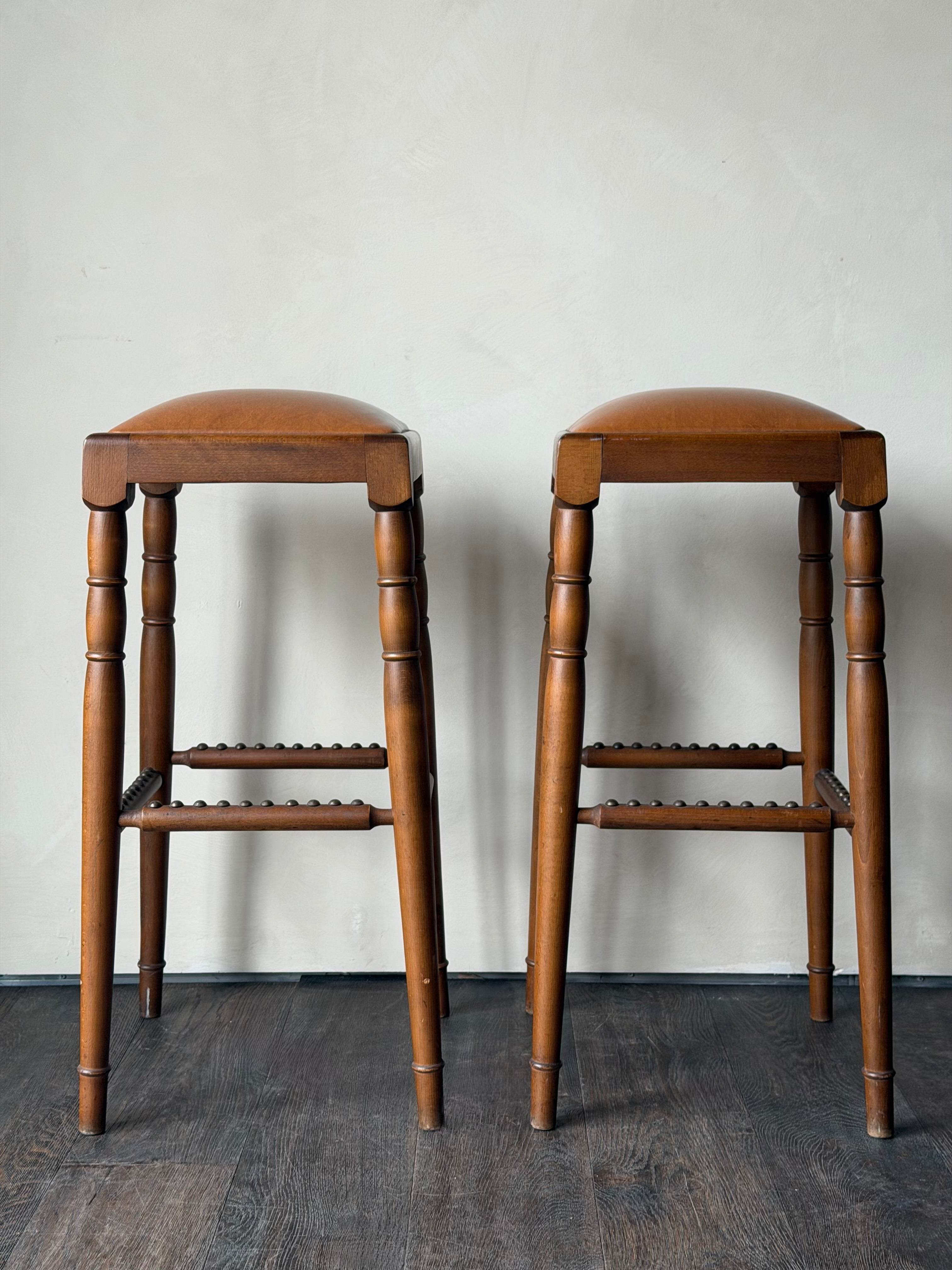German Beech and Leather Bar Stools c. 1970s, Pair