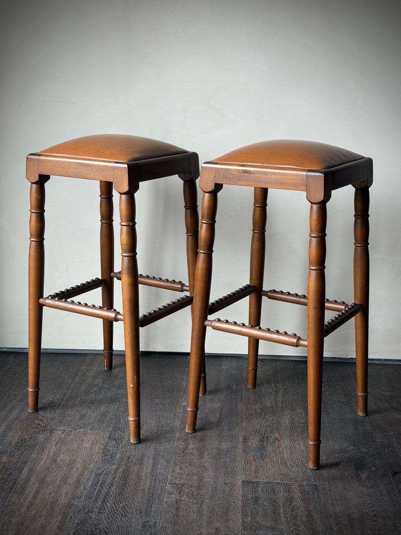 German Beech and Leather Bar Stools c. 1970s, Pair