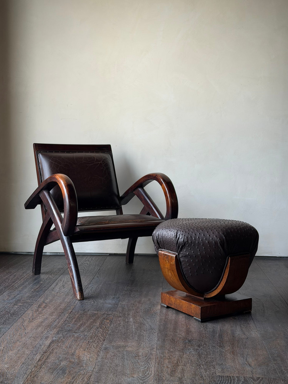 Art Deco Wood and Ostrich Leather Stool