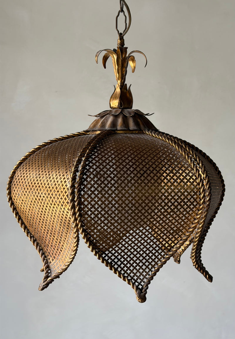Vintage Gilt Brass Pierced Floral Pendant Lamp