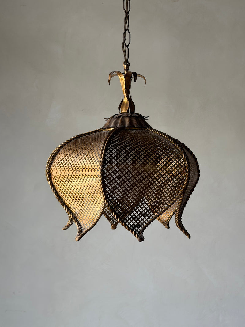 Vintage Gilt Brass Pierced Floral Pendant Lamp