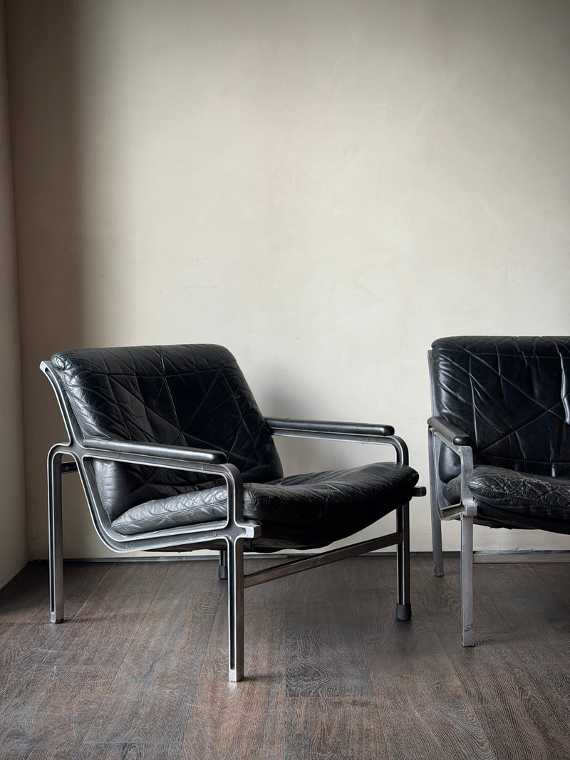 Pair of French Leather and Metal Armchairs, circa 1920s