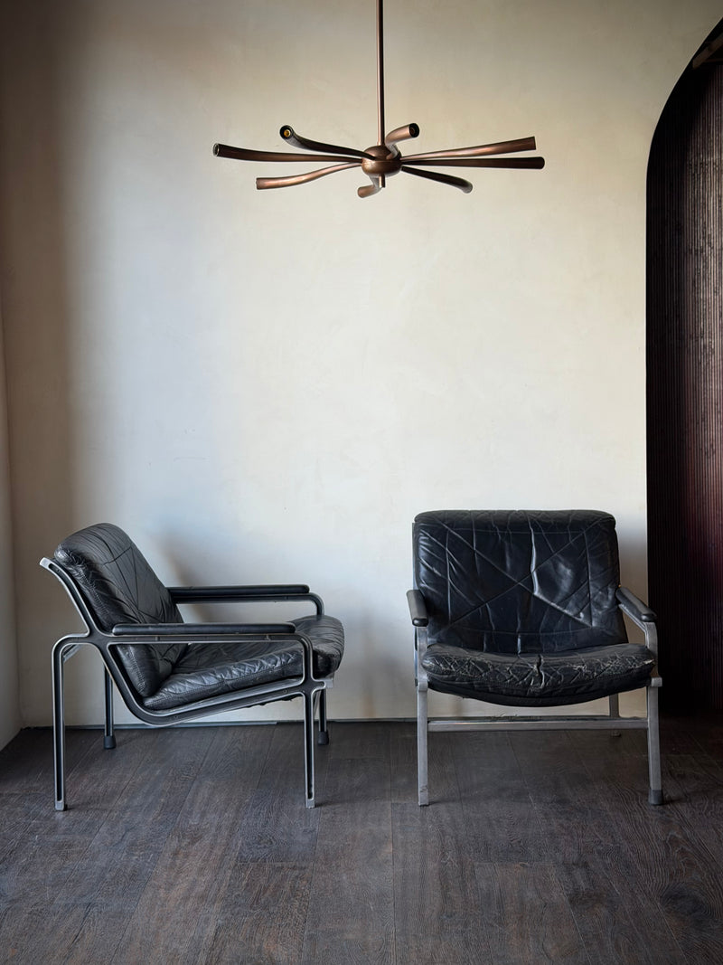 Pair of French Leather and Metal Armchairs, circa 1920s