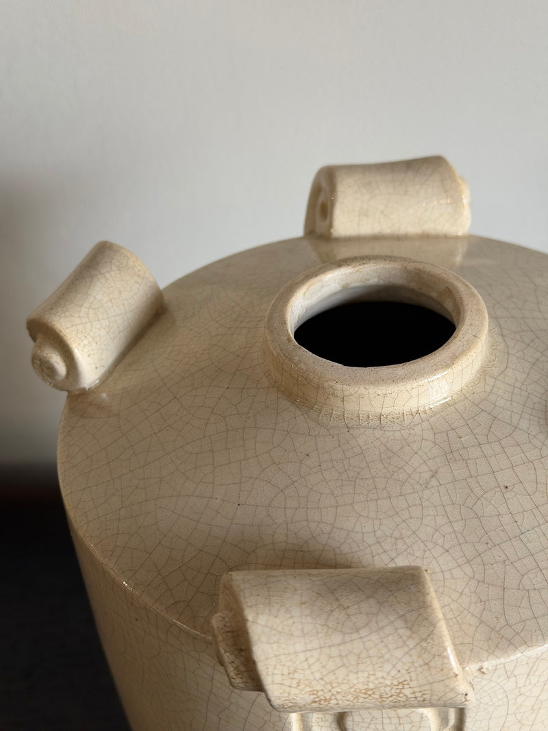 French Art Deco Cream Crackle Glaze Ceramic Vase, 1930s