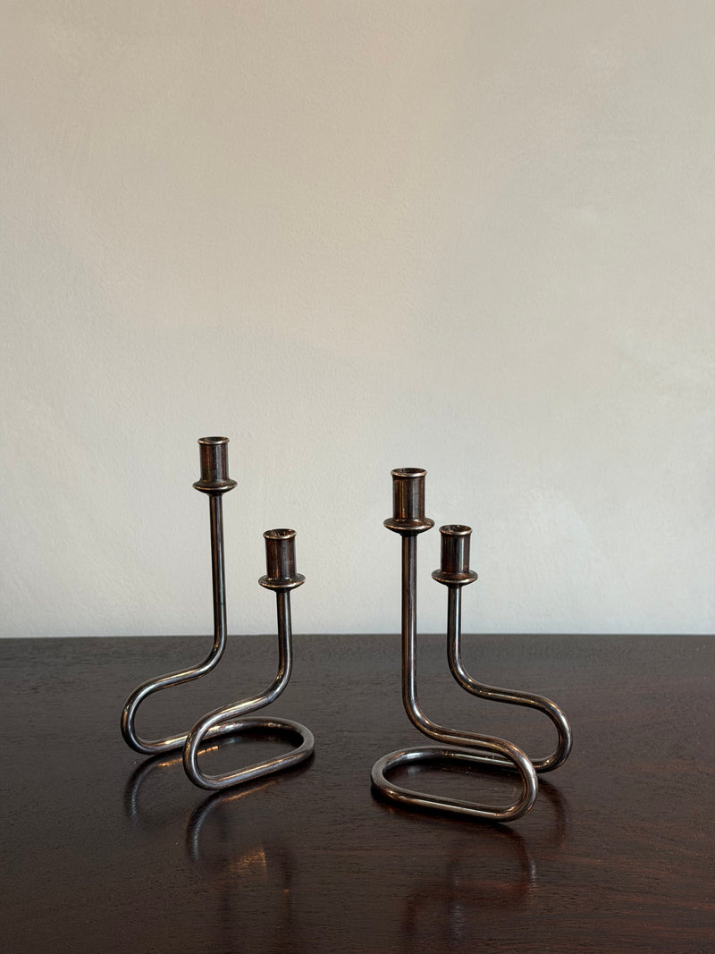 Pair of Vintage Modernist Silver-Plated Tubular Candlesticks, France