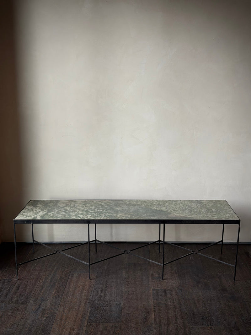 Long French Iron and Green Marble Coffee Table