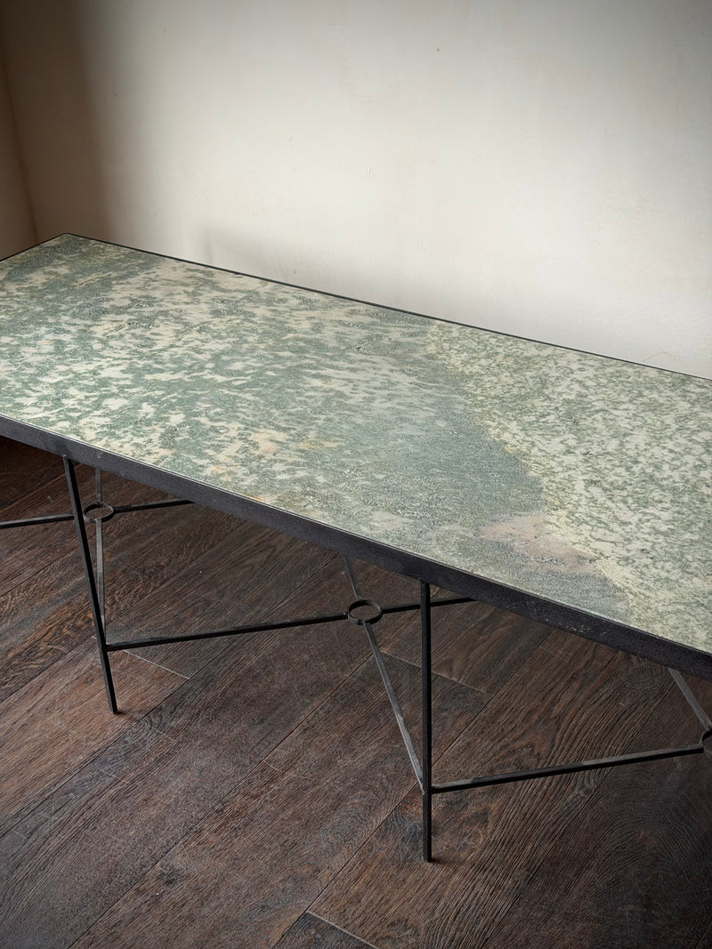 Long French Iron and Green Marble Coffee Table