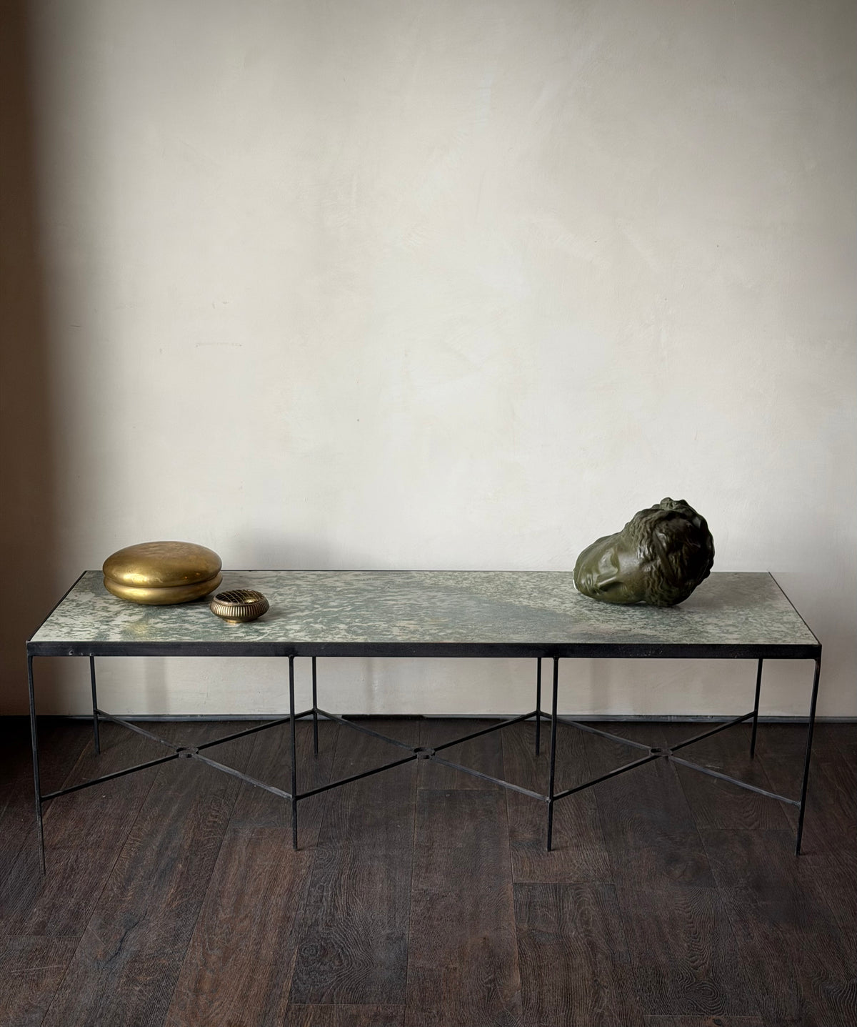 Long French Iron and Green Marble Coffee Table