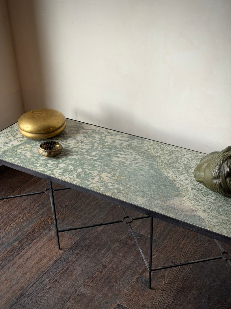 Long French Iron and Green Marble Coffee Table