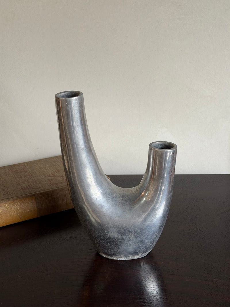 Vintage French Modernist Cast Aluminum Double-Neck Vase